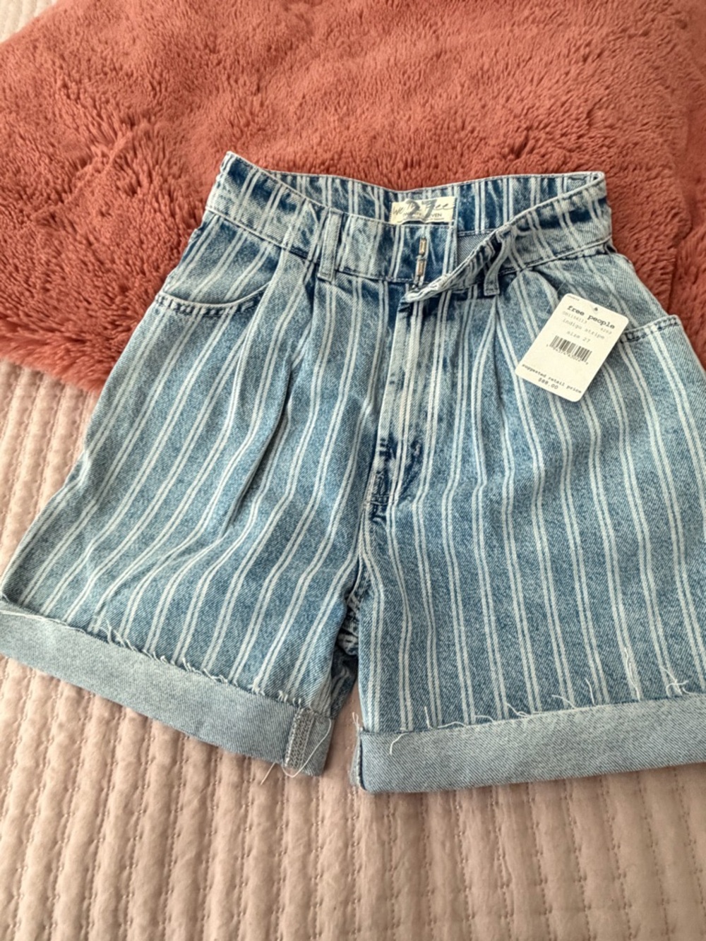 Free People Blue and White Striped Denim Shorts - Picture 4 of 5